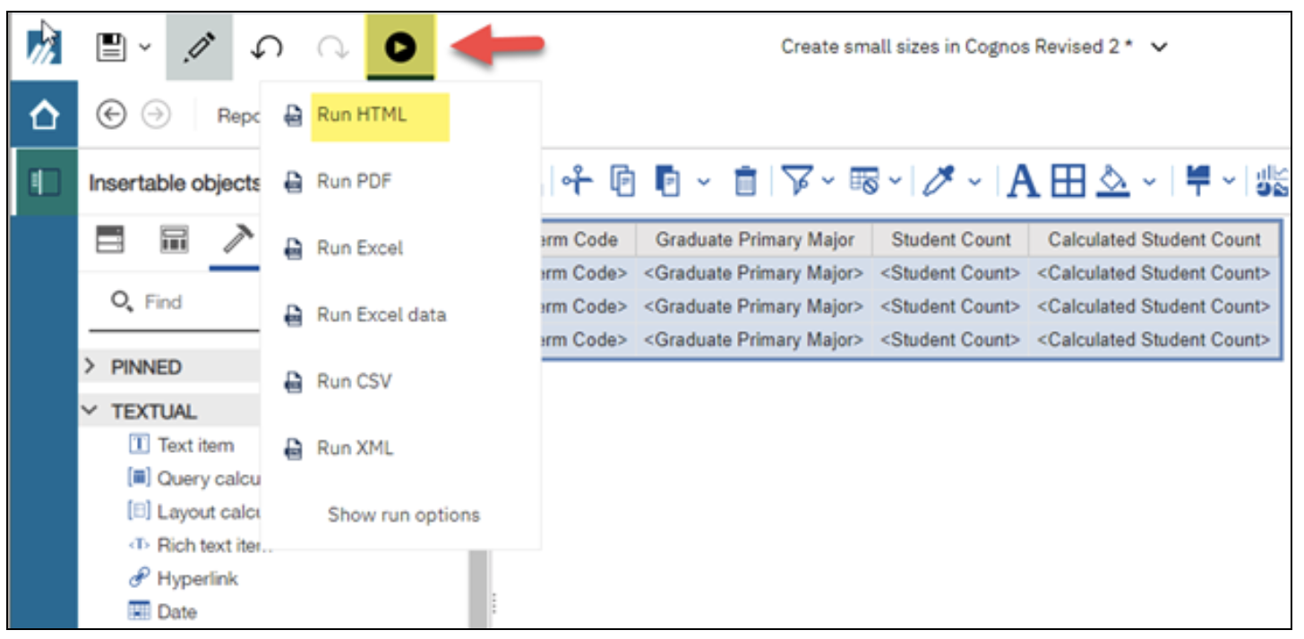 Screenshot: Run icon and Run HTML option