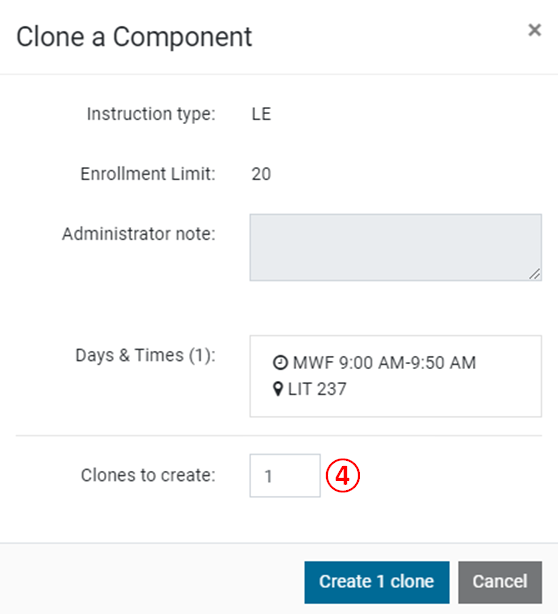 Screenshot: fields to clone a component