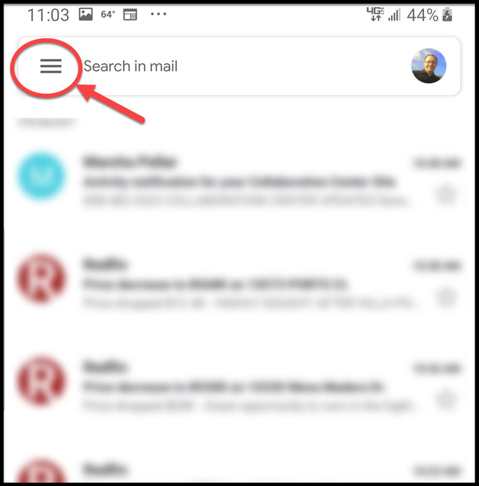 Android screenshot - Gmail app - three lines top left