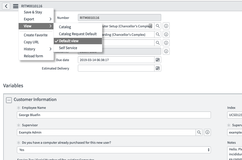 The "Default view" option of the "view" dialog option in the form view hamburger menu