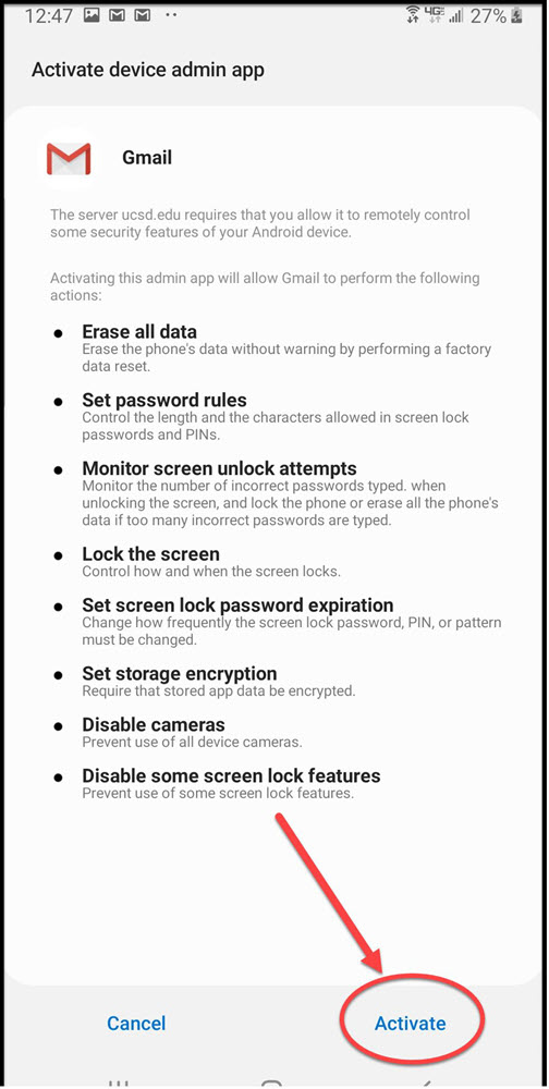 Android screenshot - Window to activate device on admin app. Tap activate