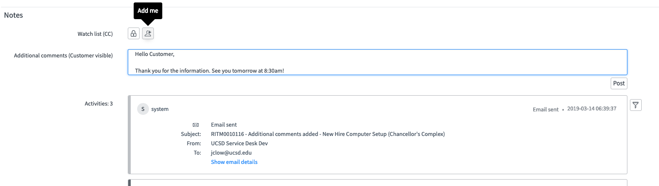 The customer comments section of the form view for the Request item 