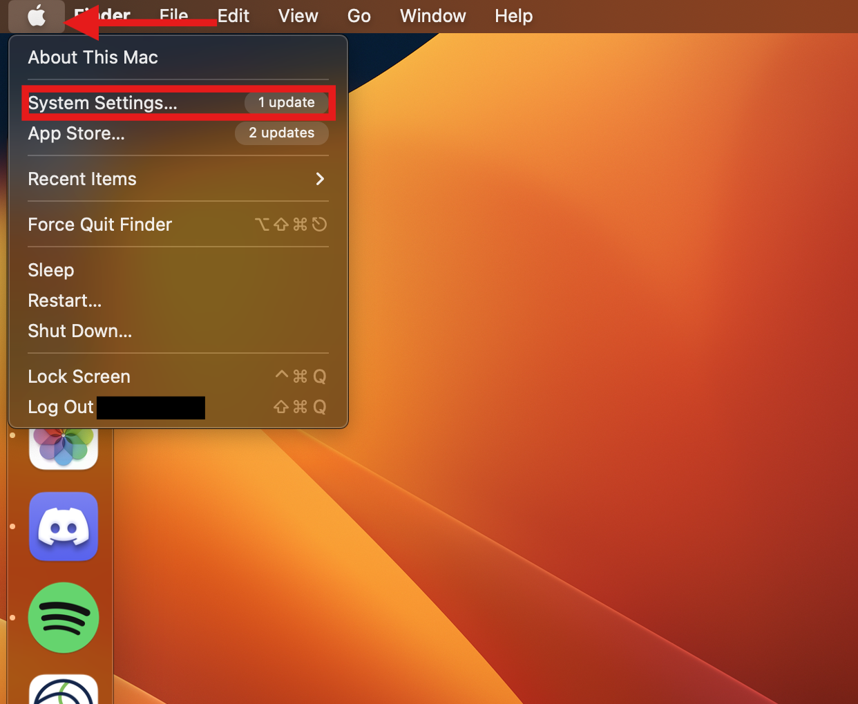 Arrow pointing to apple icon and the System Settings option is highlighted