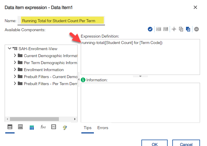 Screenshot: Expression Definition in Data Item Expression