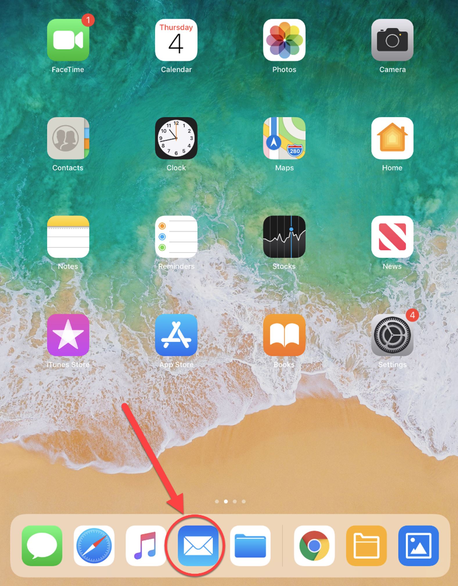 Mail icon circled on iPad homescreen