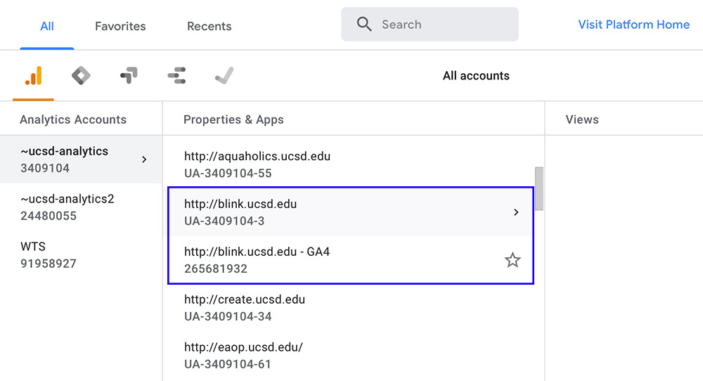 Screenshot: Select the analytics property