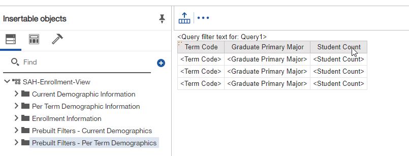 Screenshot: Insertable objects data fields for query