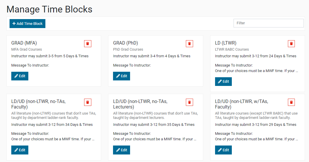 Manage Time Blocks page