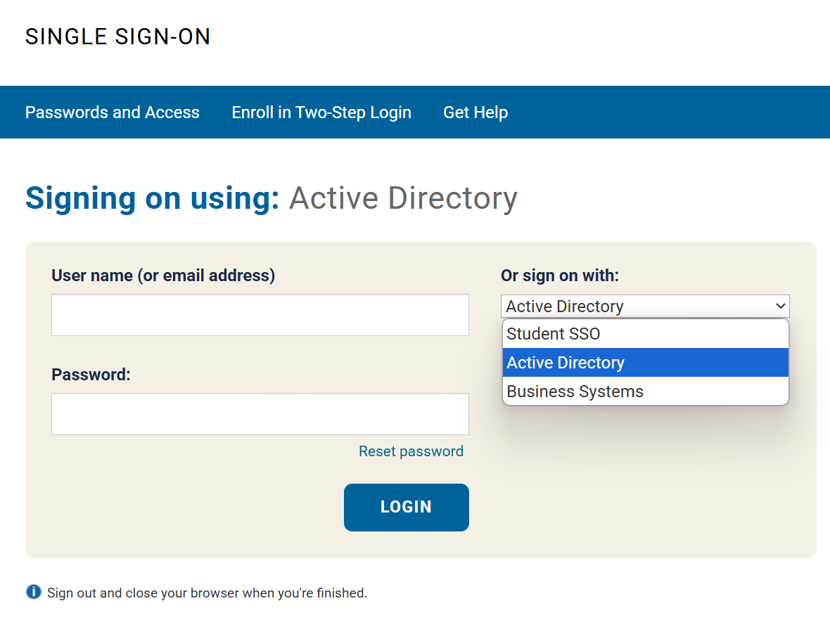 Single Sign On Page with "Student SSO", "Active Directory", and "Business Systems" listed as the drop-down login options