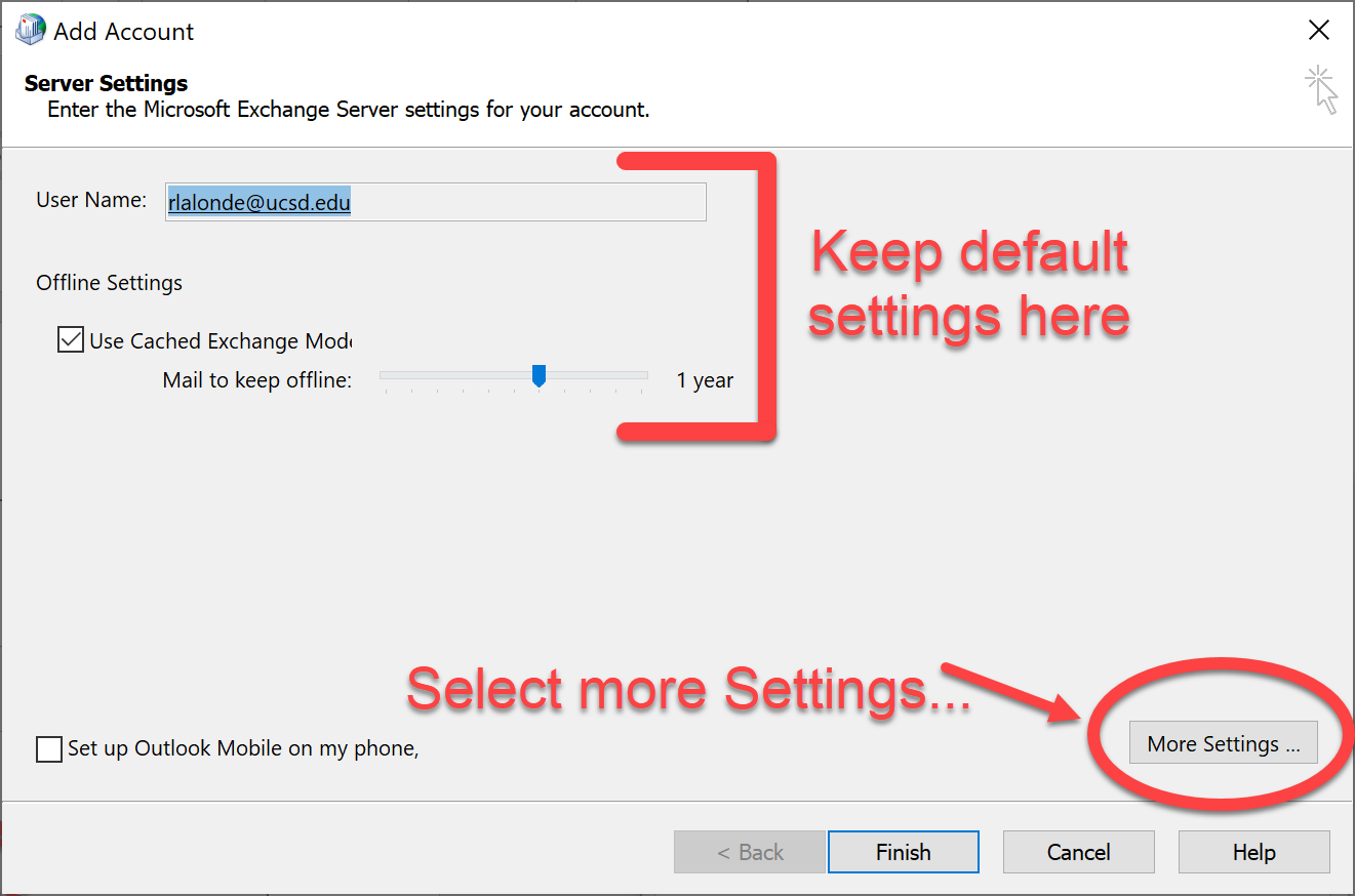 Server settings added for new profile with an arrow to the "More settings" button