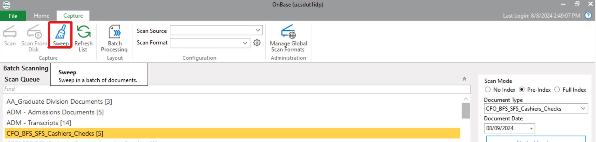 Sweep button on the Capture tab 