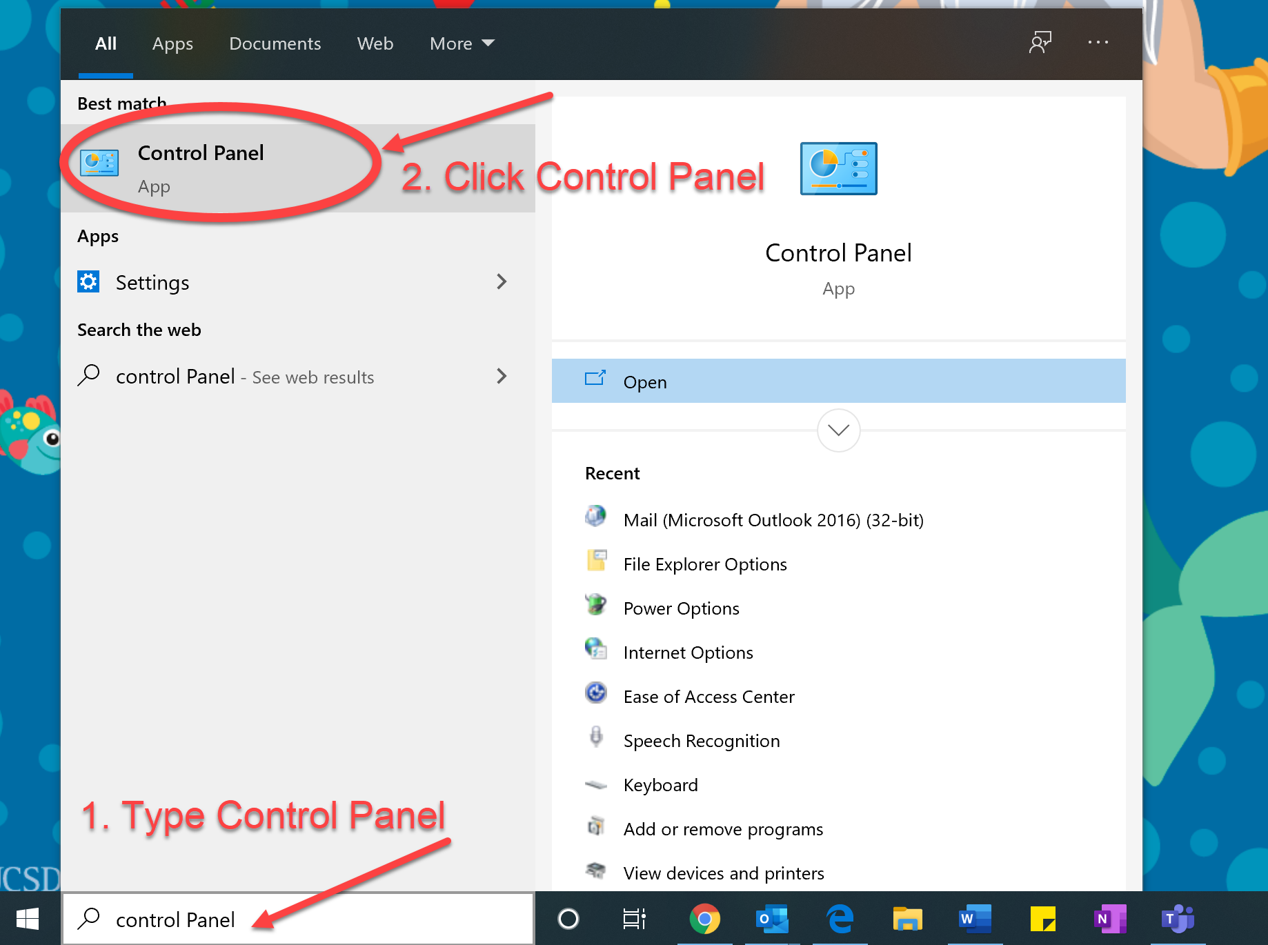Control Panel circled on the Start Menu on a Windows computer