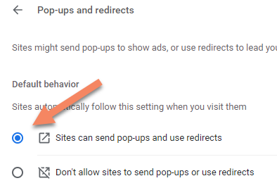 Screenshot of the "Pop-ups and redirects" 