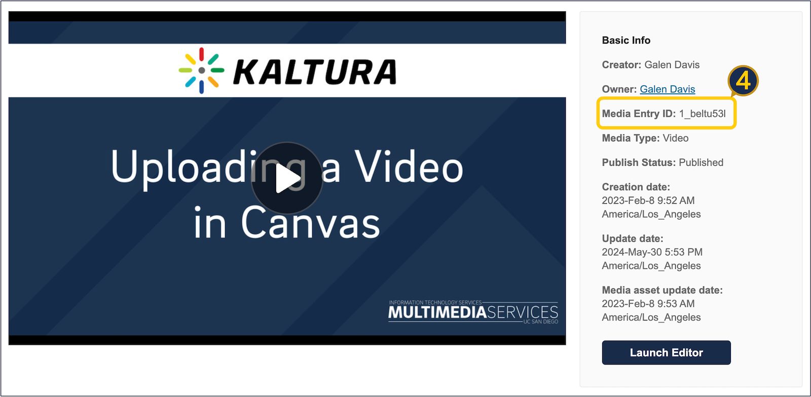 A screenshot of the Kaltura media edit page.