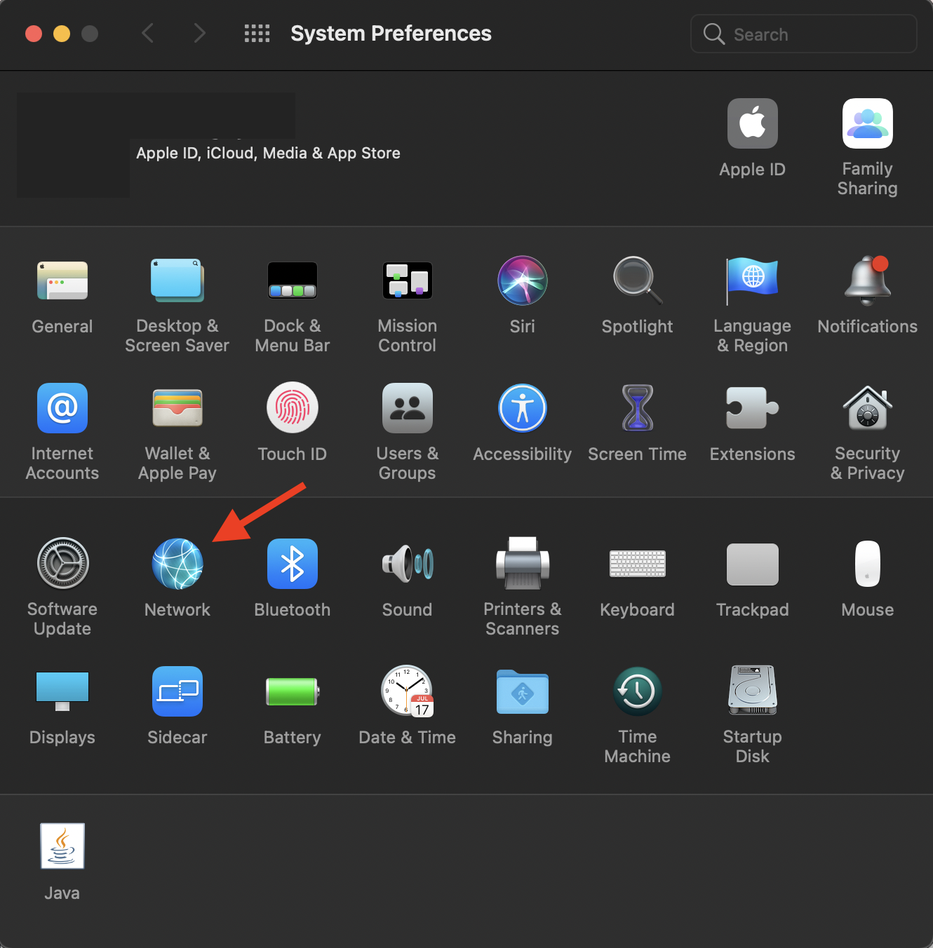 Screenshot: Network option is located middle-left of System Preferences