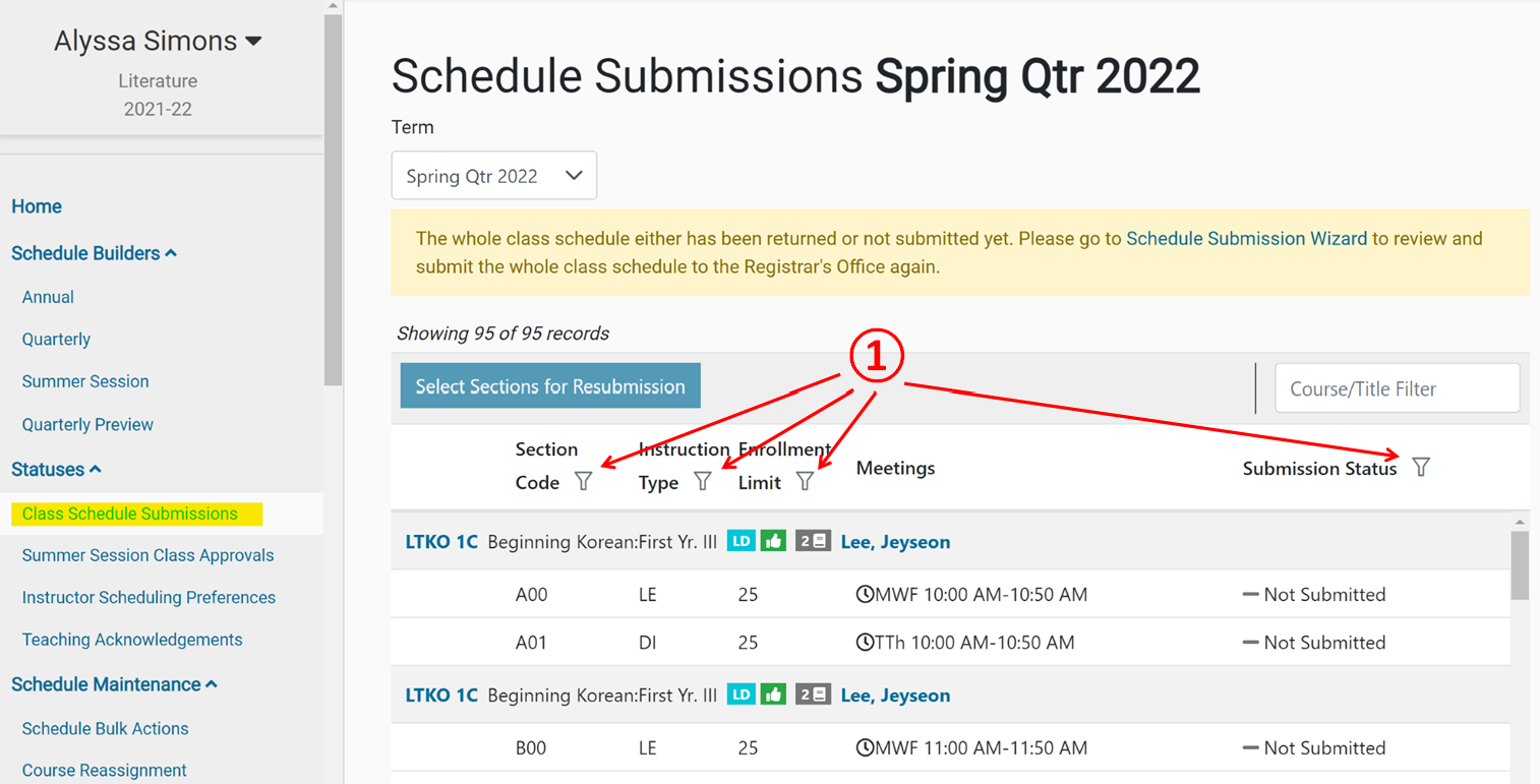 Screenshot: Details of Schedule Submissions page