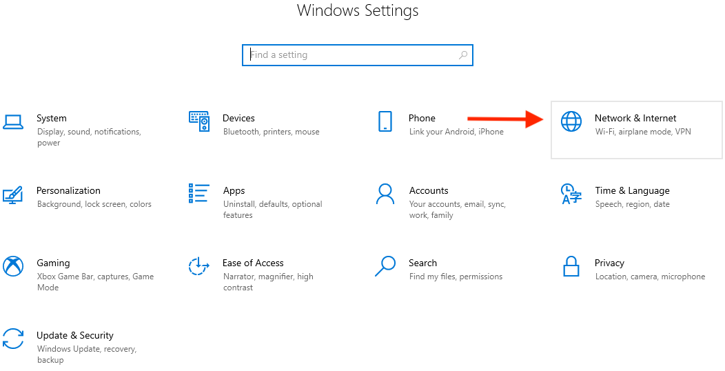 Screenshot: Windows settings button for Network and Internet is located top right