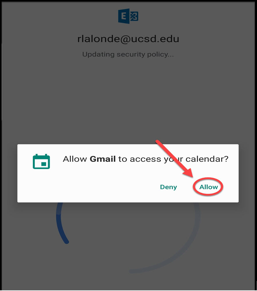 Android screenshot - Accept prompt for "Allow Gmail to access your calendar?"