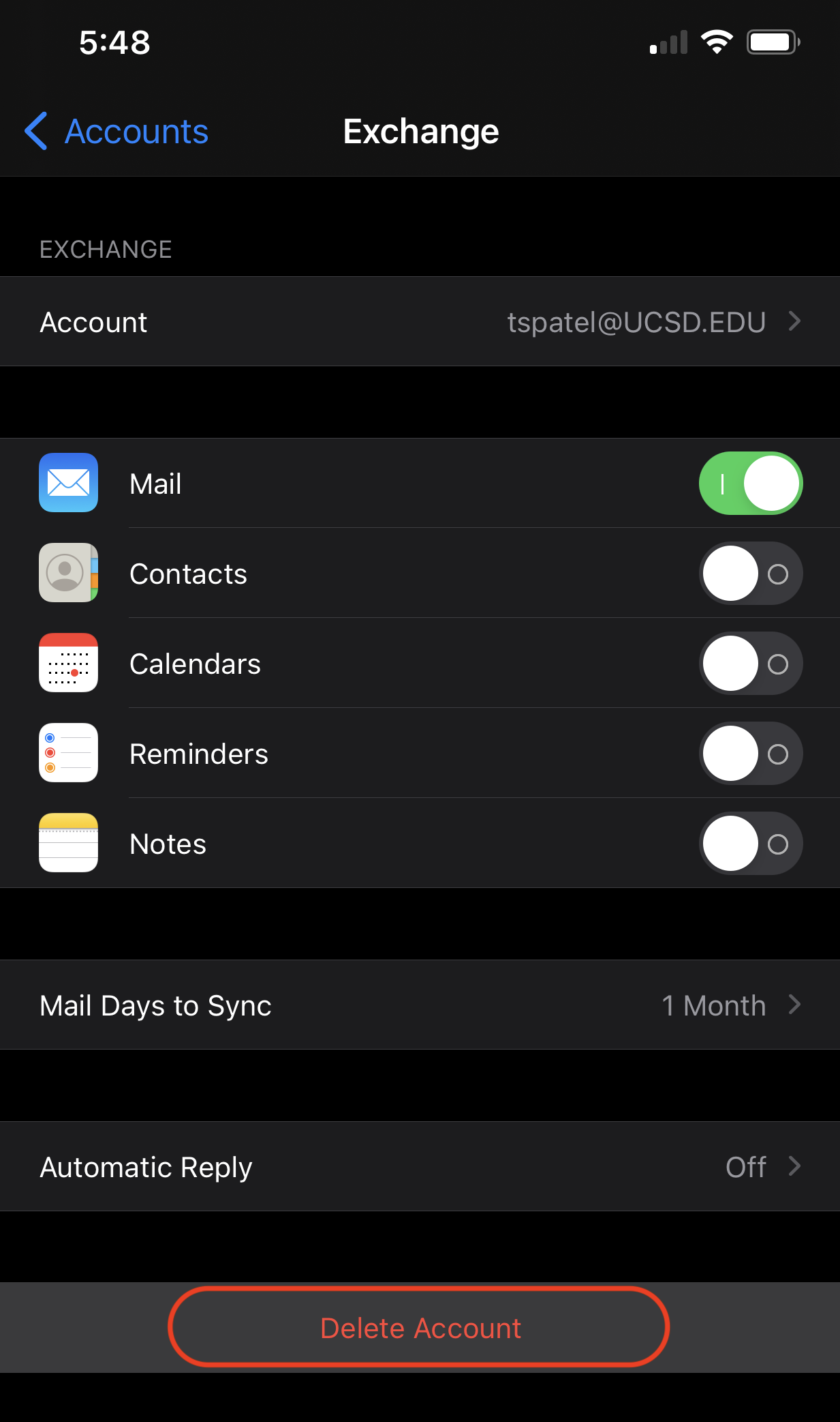 Screenshot: Delete Account button