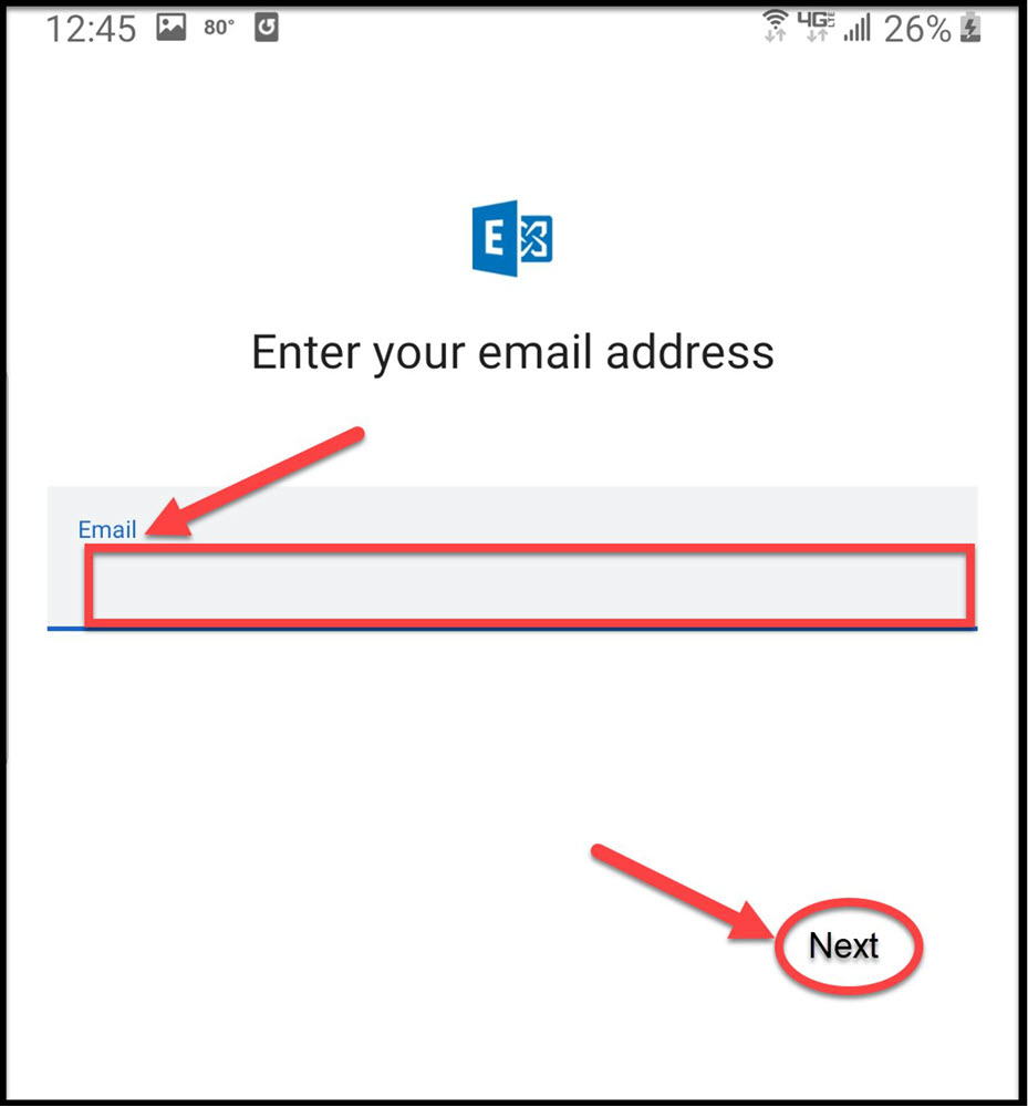 Android screenshot - box to type in email address and tap Next