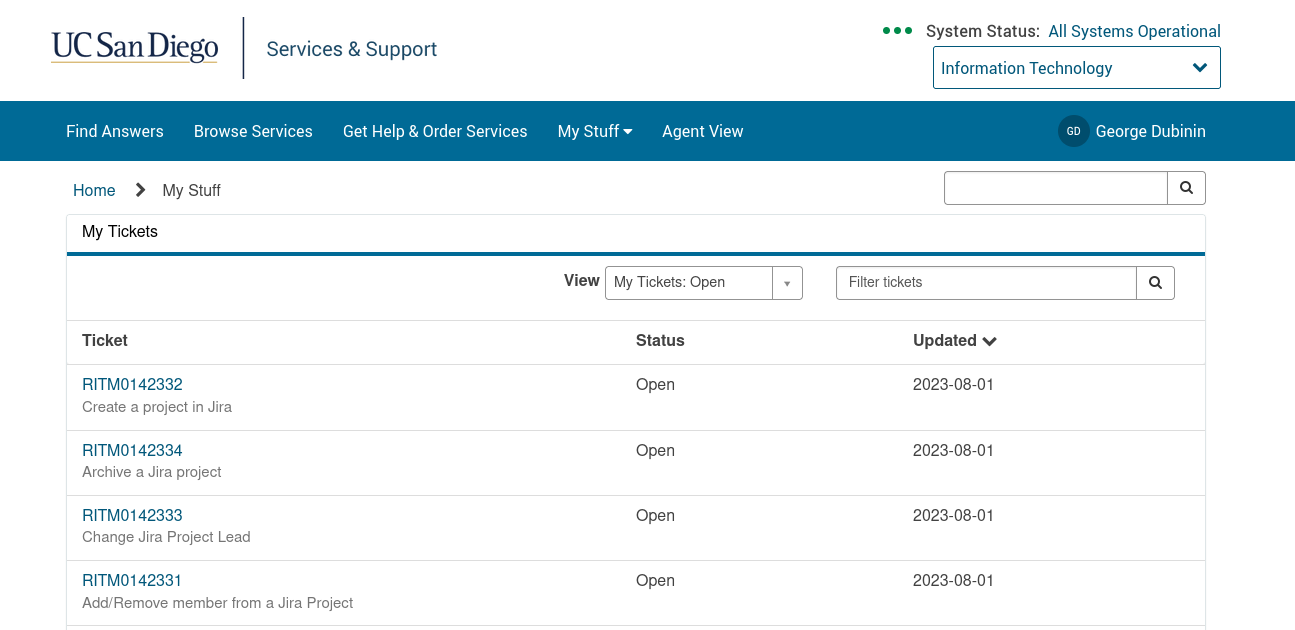 The "My Tickets" section in My Stuff tab of the customer portal